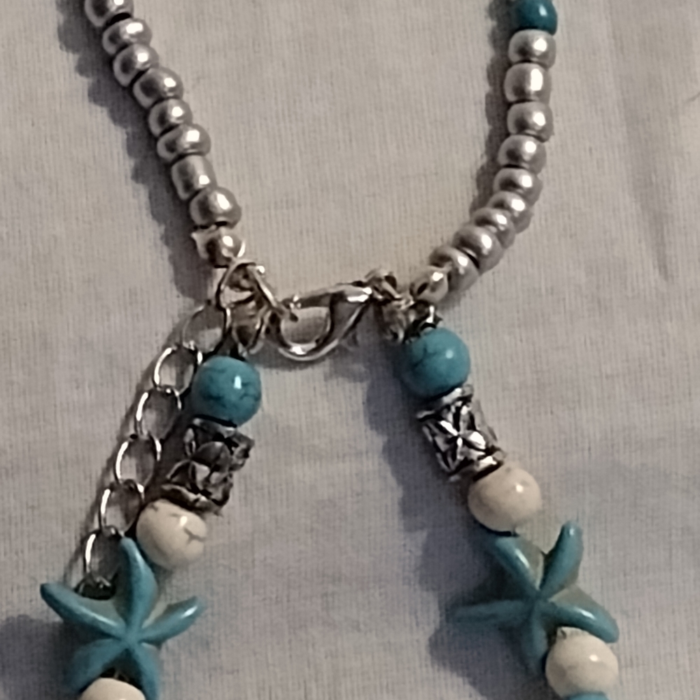 Starfish Charm Beaded Necklace - Blue and Silver - Picture 5 of 10